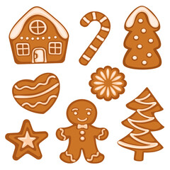 Gingerbread cookies for Christmas celebration, homemade sweets in traditional shapes isolated on white background.