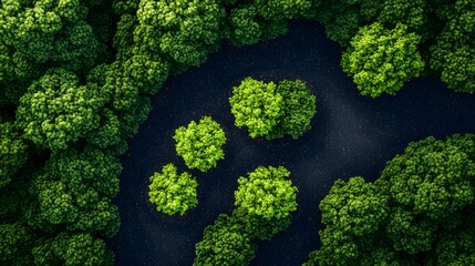 Aerial shot of a lush green tree cluster surrounded by dark waters in a dense forest