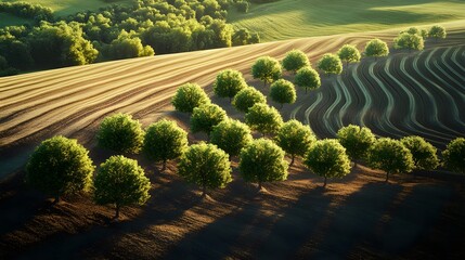 Fototapeta premium Aerial view of a curved line of trees on terraced green fields at sunrise
