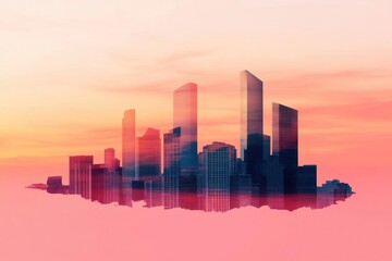Obraz premium A stunning silhouette of modern skyscrapers under a vibrant sunset, blending colors for a captivating urban skyline.