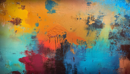 Fototapeta premium Abstract multicolor grunge background with abstract colored texture. Various color pattern elements. Old vintage scratches, stain, paint splats, brush strokes, dots, spots. Weathered wall backdrop