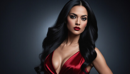 Elegant woman with red Dress and dark black Hair on Studio Background