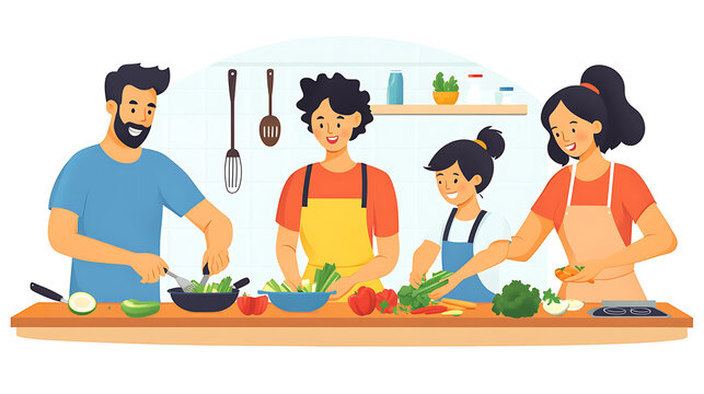 A family preparing a healthy meal in the kitchen, with parents and children chopping vegetables and working together 