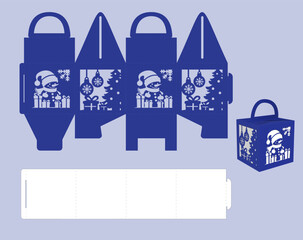 Christmas or New Year gift box template with cut out design Snowman with gifts and Christmas tree