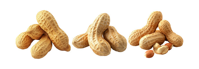 Peanuts isolated on transparent background, variety of whole and shelled peanuts.