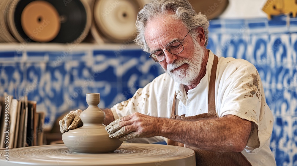 Wall mural an artisan crafts a beautiful clay pot on a pottery wheel, showcasing skill and creativity in a sunl