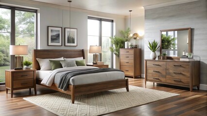 Fototapeta premium Modular and streamlined, this modern bedroom set comprises a low-profile bed, a flat-panel dresser, and a compact