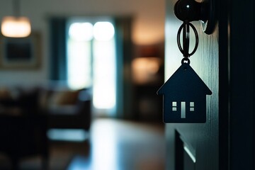 A close-up of a house keychain hanging on a door, symbolizing home and comfort in an inviting living space.