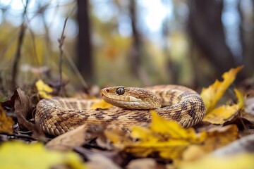 Fototapeta premium A close-up of a beautiful snake resting on autumn leaves in a tranquil forest setting, showcasing its unique patterns and colors.