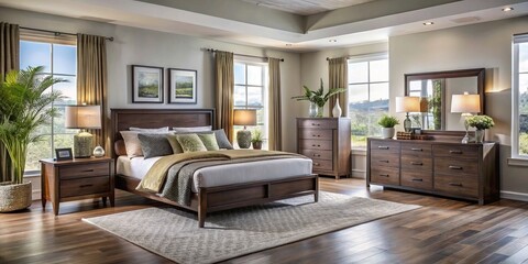 Fototapeta premium Modular bedroom furniture designs create a comfortable atmosphere in spacious rooms, available at Canadian retailers,