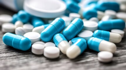 Blue & White Pill Collection on Table, Light Blue & Pale pills on Isolated Background, Medicinal Theme Highlighted