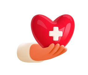 Obraz premium 3d medical icon. Health care and medicine. Doctor hand hold heart with cross. Donate or volunteer concept Vector 3d elements for medical design projects