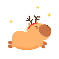 Cute funny Christmas capybara in a deer costume. Isolated animal character capybara rodent.  Postcard, poster, sticker for New Year Holiday seasonal decoration for design, kids collection