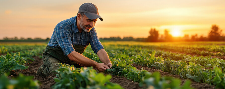 A farmer in a cap kneeling in a sunlit field, carefully inspecting his crops, symbolizing dedication and hard work in agriculture.