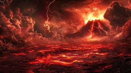Red Hell The ground cracked red, there was fog above, red clouds, lightning flashed in the distance, there was a red volcano covered in dust and explosions.
