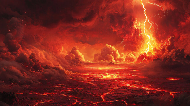Red Hell The ground cracked red, there was fog above, red clouds, lightning flashed in the distance, there was a red volcano covered in dust and explosions.