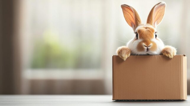 A cute rabbit peeking over a cardboard box in a bright, cozy setting, perfect for spring and festive themes.