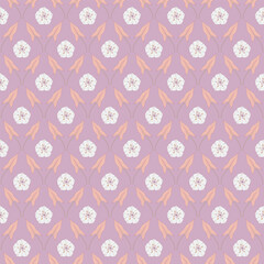 Seamless pattern with flowers and leaves of convolvulus plant. Template with bindweed wildflowers for fashion prints. Diamond shape grid. Light purple background. Vector illustration