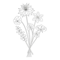 Wildflower bouquet with nigella and pansy. Meadow flowers and wild plants. Line art, minimal style, contour. Botanical hand-drawn elements for design projects. Vector illustration