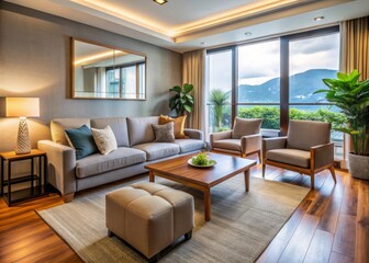 Fototapeta premium Pops of color from pillows and artwork add personality to this intimate living space, where modern furniture promotes