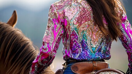western horse show attire female horse rider wearing bright shirt with bling and western fashion pattern western pleasure horse show apparel for horse show competition in western riding