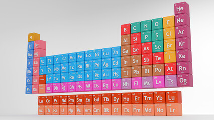3D illustration of colored periodic table with elements