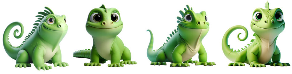 Fototapeta premium Set of 3D rendered illustration cartoon Iguanas isolated on white and Transparent Background 