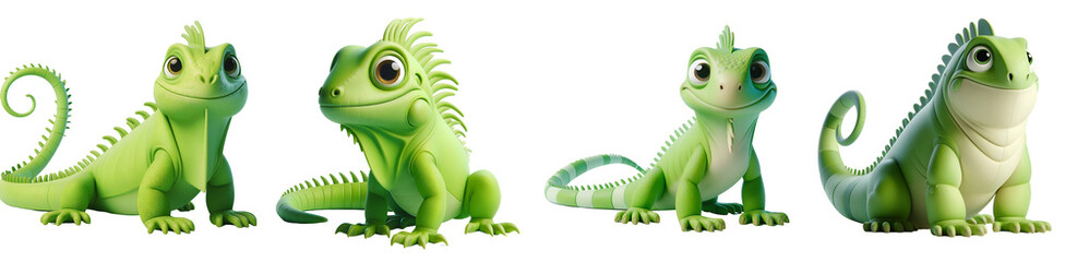 Fototapeta premium Set of 3D rendered illustration cartoon Iguanas isolated on white and Transparent Background 