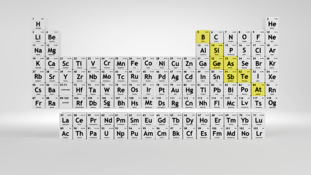 3D illustration of periodic table highlighting the metalloids in yellow