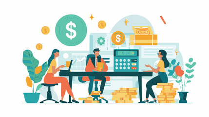 Salary Payment concept. Employee or workers are happy receive a monthly salary. People calculating money, flat vector modern illustration
