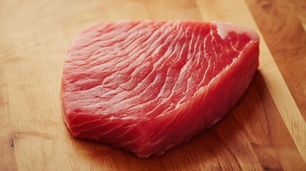 Fresh Raw Tuna Steak on Wooden Cutting Board