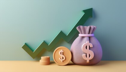 A vibrant illustration of financial growth featuring a money bag and coins against a graph indicating upward trends.
