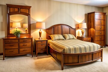 Retro charm fills the room with a vintage 1970s-style bedroom set, featuring curved edges and faux wood paneling