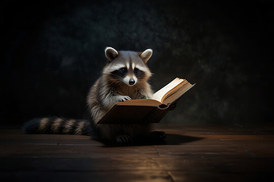 a raccoon reading a book on a black background