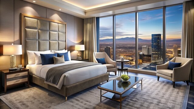 Richly appointed bedroom in a Las Vegas hotel boasts a sumptuous bed, velvet accent chairs, and expansive