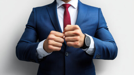 Confident businessman in a suit with clenched fists, symbolizing determination, leadership, and readiness for challenge or confrontation.