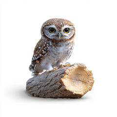 Naklejka premium A small owl standing on a hollow log, highlighting its big eyes and detailed plumage, isolated against a white background.