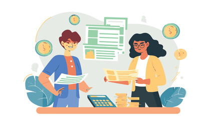 Salary Payment concept. Employee or workers are happy receive a monthly salary. People calculating money, flat vector modern illustration
