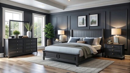 Naklejka premium Rich textures and a chic black furniture set with a matte finish anchor the sophisticated bedroom, perfect for