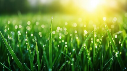 Fototapeta premium Morning dew on fresh green grass, symbolizing the freshness of a new start
