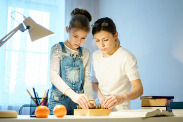 Mother and daughter are playing chess while spending time together at home