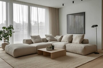 Fototapeta premium Modern Minimalist Living Room with Beige Sofa and Natural Light Interior Decor