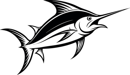 Stylized Swordfish Illustration in Black and White with Dynamic Lines and Sharp Details on White Background
