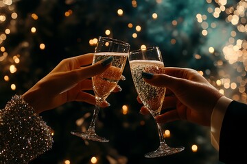  New Year's Eve toast, a film still from the great Gatsby, depicts two hands with long nails holding champagne glasses in front of a black Christmas tree