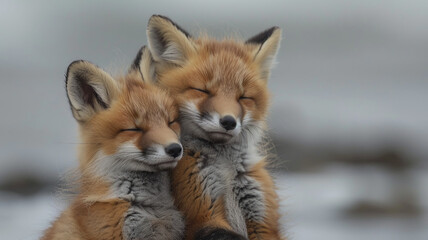 Cute baby foxes cuddling together in a natural habitat, close-up
