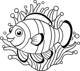 Cartoon Clownfish Swimming Among Seaweed 