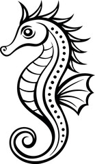 Black and White Sea Horse Tattoo Design Illustration with Spirals and Curved Lines