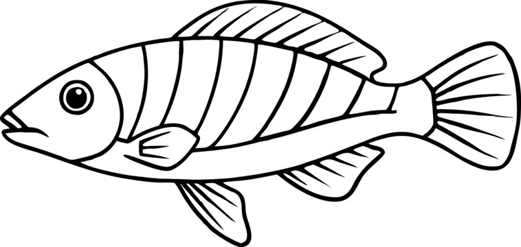 Simple Black and White Fish Illustration with Stripes for Coloring