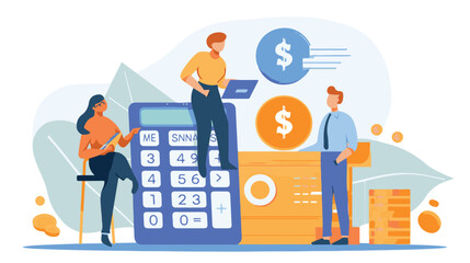 Salary Payment concept. Employee or workers are happy receive a monthly salary. People calculating money, flat vector modern illustration
