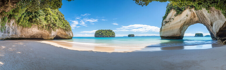 Fototapeta premium A panoramic view of a tropical beach with white sand, clear blue water, and rock formations.